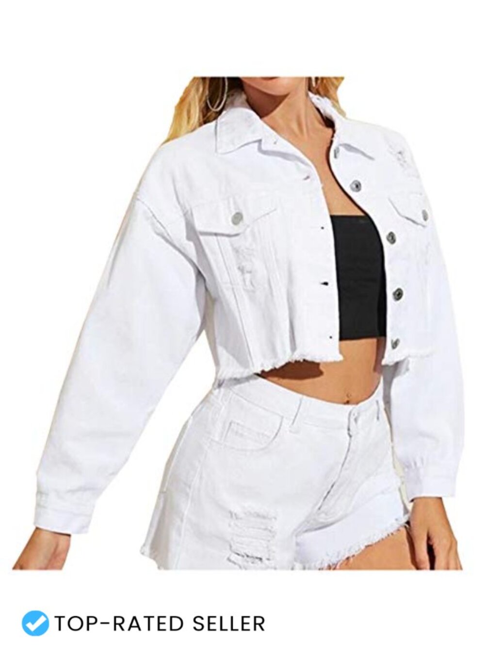 Cropped Ripped Distressed Denim Jacket Frayed Fringe Long Sleeve
